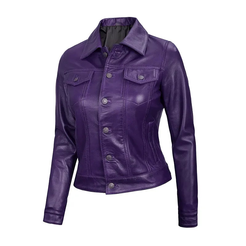 Royal Edge – Women’s Muted Grape Wax Trucker Leather Jacket