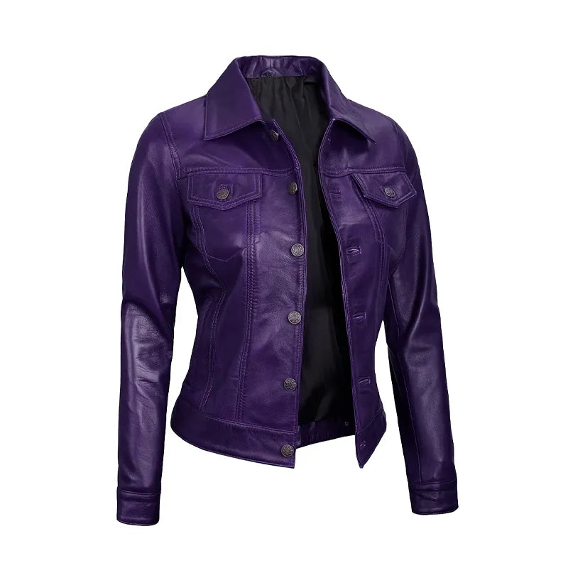 Royal Edge – Women’s Muted Grape Wax Trucker Leather Jacket