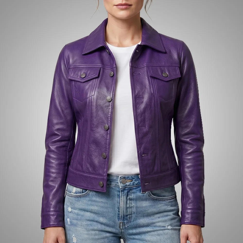 Royal Edge Women Muted Grape Wax Trucker Jacket | 100% Real Lambskin