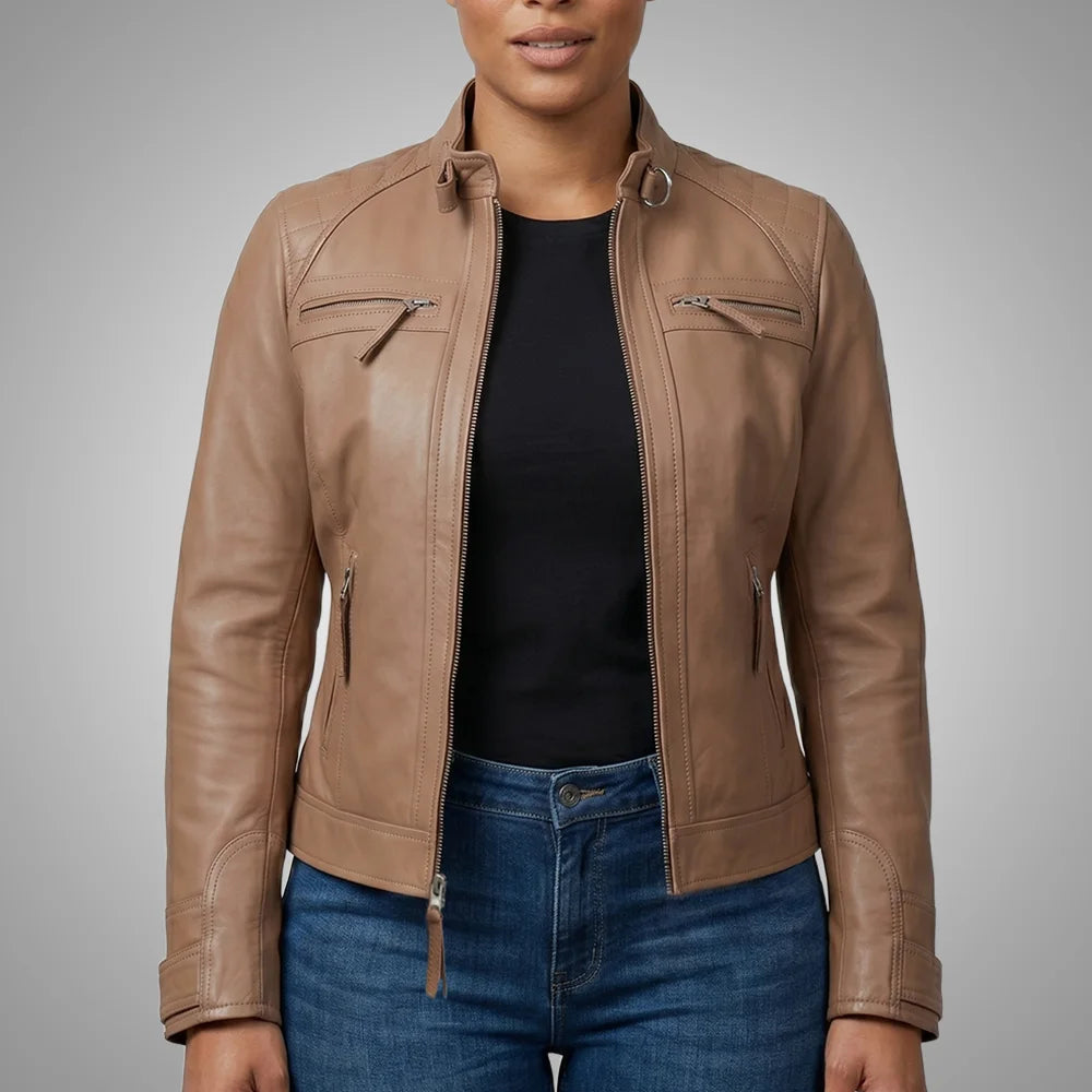Dusty Peach Women's Racer Jacket | Premium Lambskin