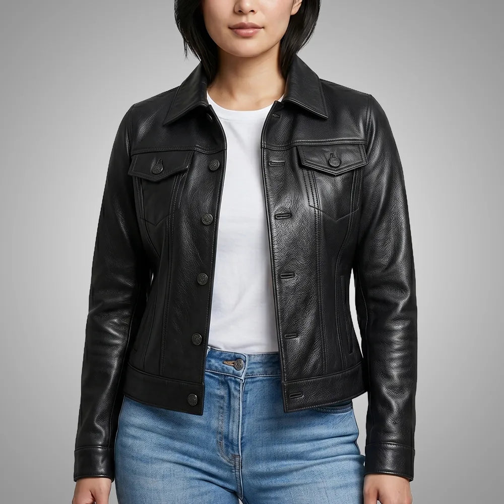 Royal Edge Women Black Wax Trucker Jacket | 100% Real Lambskin