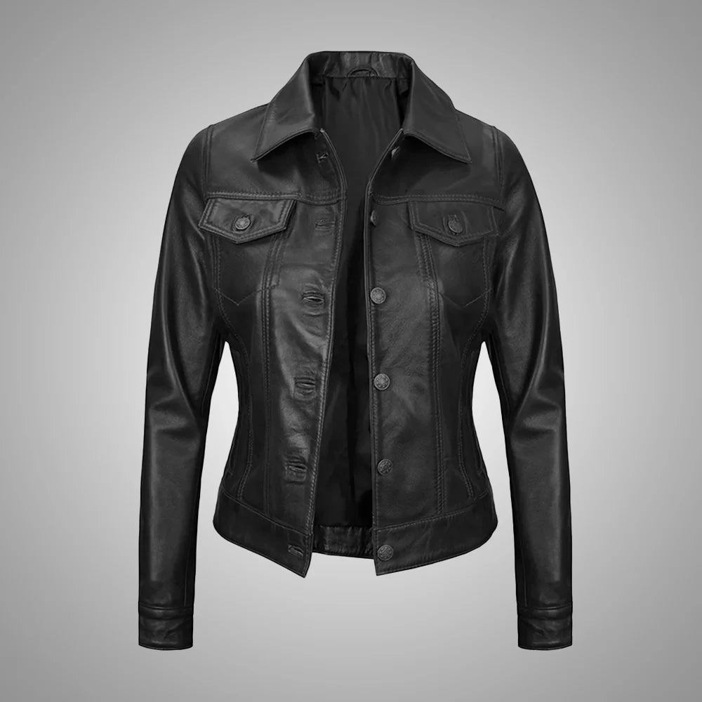 Royal Edge – Women’s Black Wax Trucker Leather Jacket