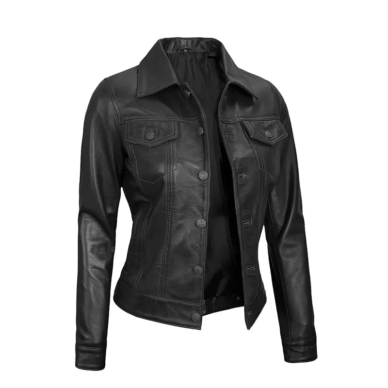 Royal Edge – Women’s Black Wax Trucker Leather Jacket