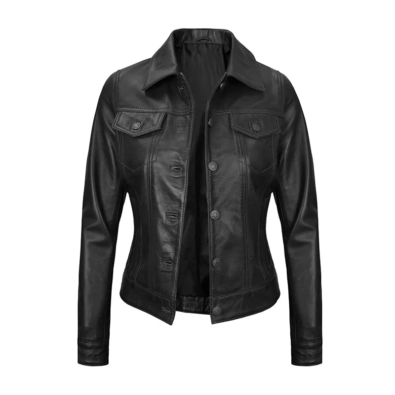 Royal Edge – Women’s Black Wax Trucker Leather Jacket