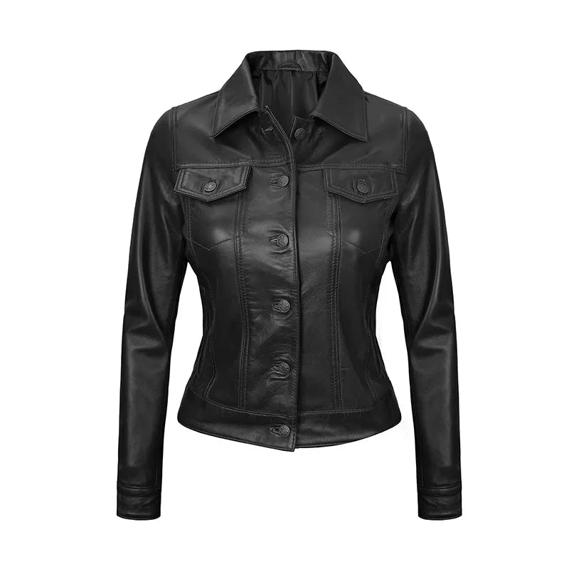 Royal Edge – Women’s Black Wax Trucker Leather Jacket