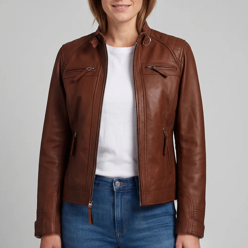 Burnt Cocoa Women's Racer Leather Jacket | Premium Lambskin