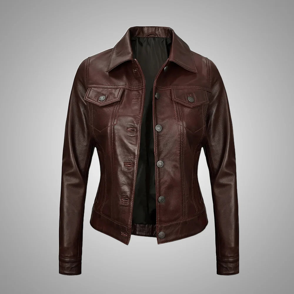 Royal Edge – Women’s Rustic Cocoa Wax Trucker Leather Jacket