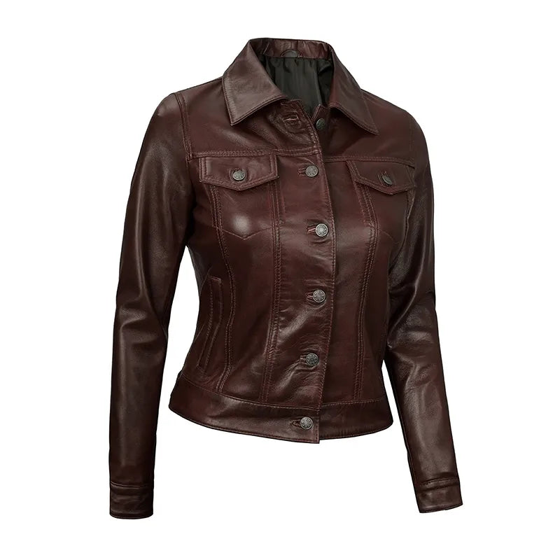 Royal Edge – Women’s Rustic Cocoa Wax Trucker Leather Jacket