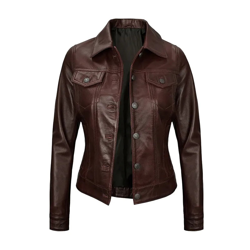 Royal Edge – Women’s Rustic Cocoa Wax Trucker Leather Jacket