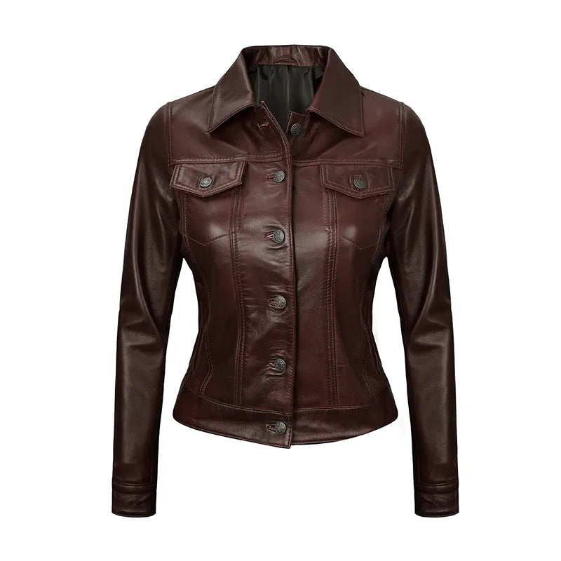 Royal Edge – Women’s Rustic Cocoa Wax Trucker Leather Jacket