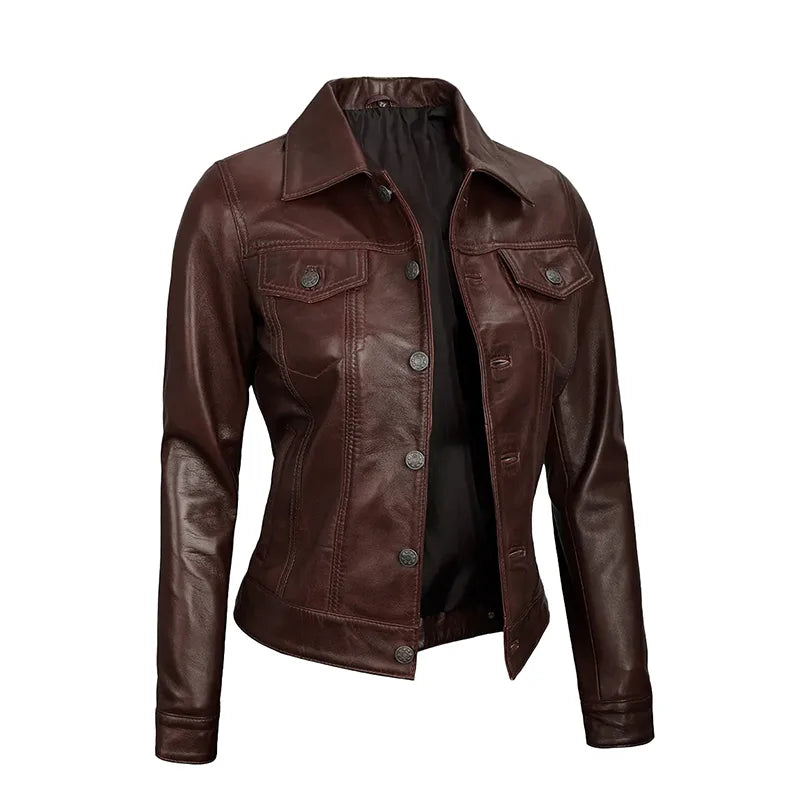 Royal Edge – Women’s Rustic Cocoa Wax Trucker Leather Jacket