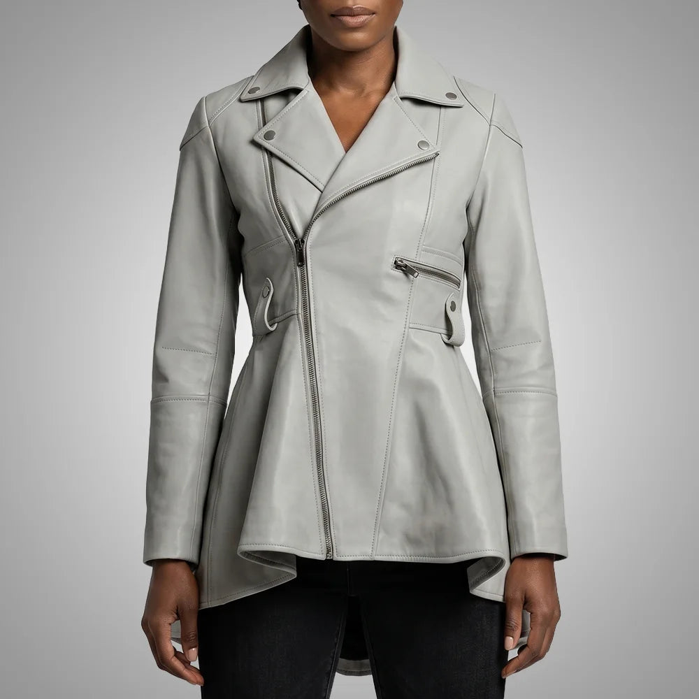 Women's White Peplum Leather Jacket - Lambskin