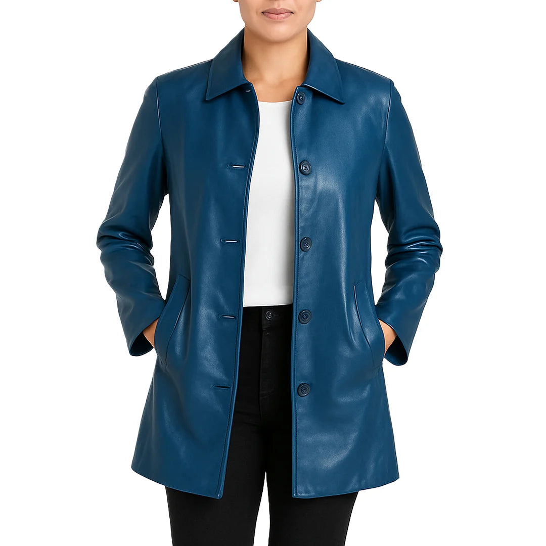 Elysian Women’s Real Leather Coat - Deep Teal Blue