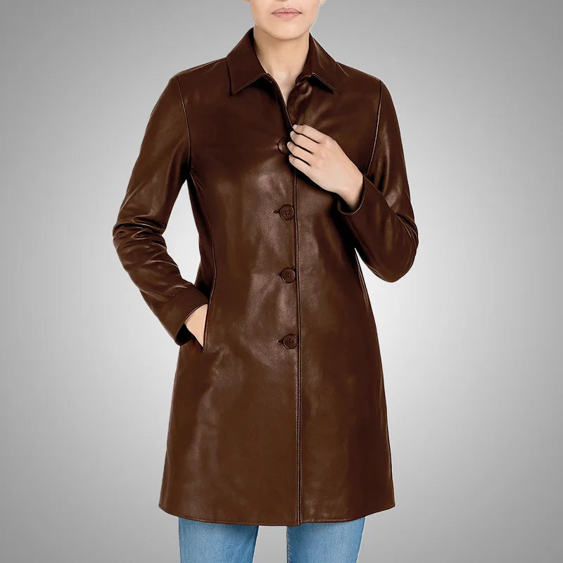 Elysian Women’s Real Leather Coat - Deep Mahogany