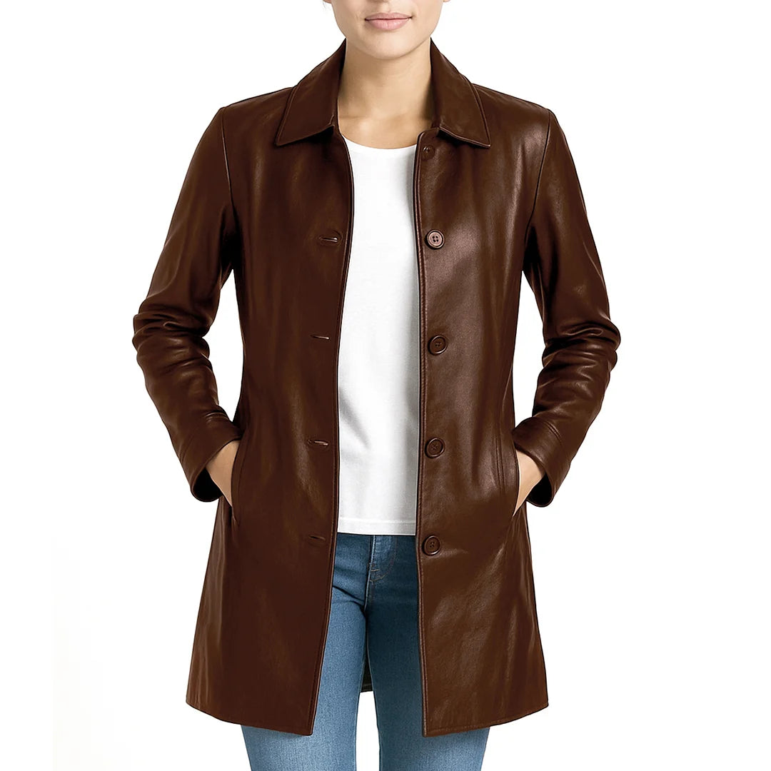 Elysian Women’s Real Leather Coat - Deep Mahogany
