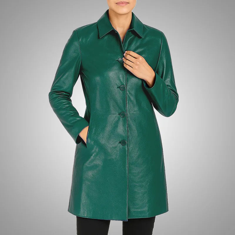 Elysian Women’s Real Leather Coat - Forest Teal