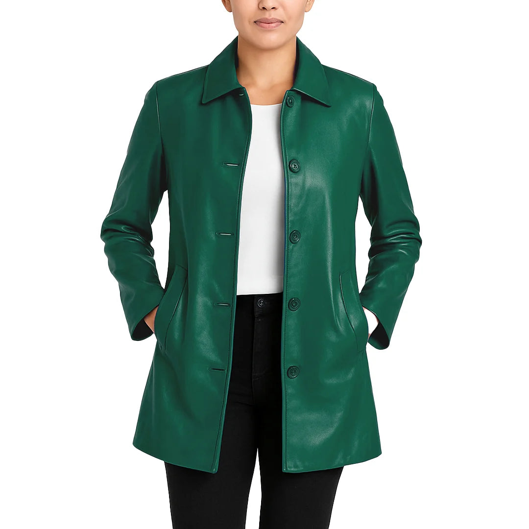 Elysian Women’s Real Leather Coat - Forest Teal