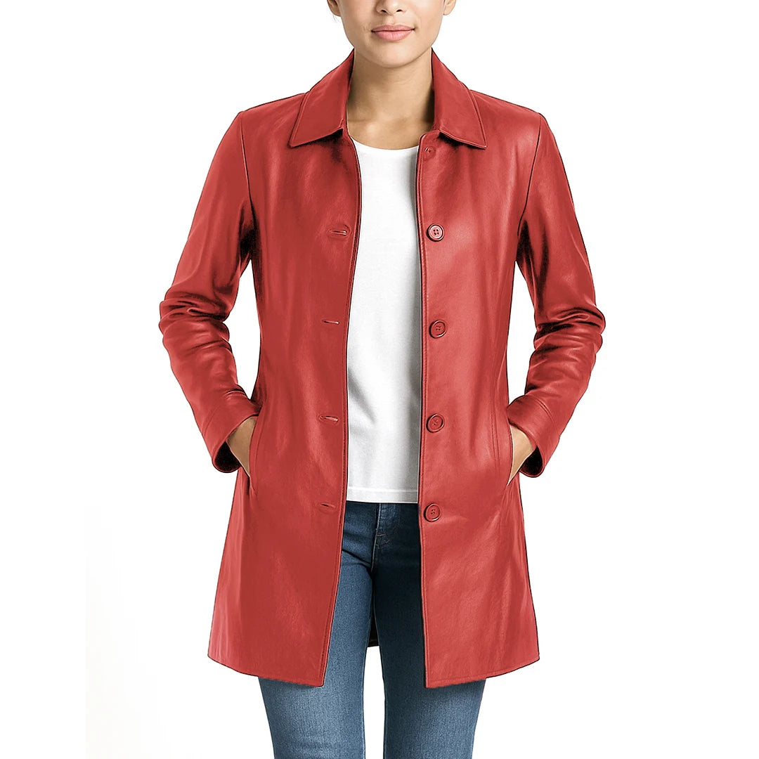 Elysian Women’s Real Leather Coat - Cinnamon Red
