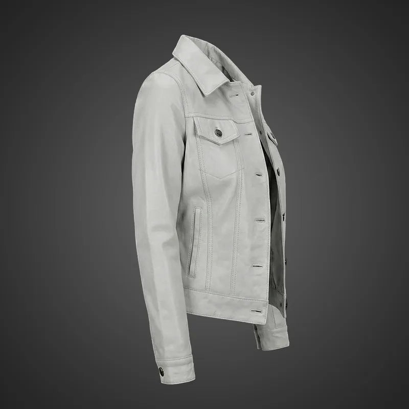 Royal Edge – Women’s White Wax Trucker Leather Jacket