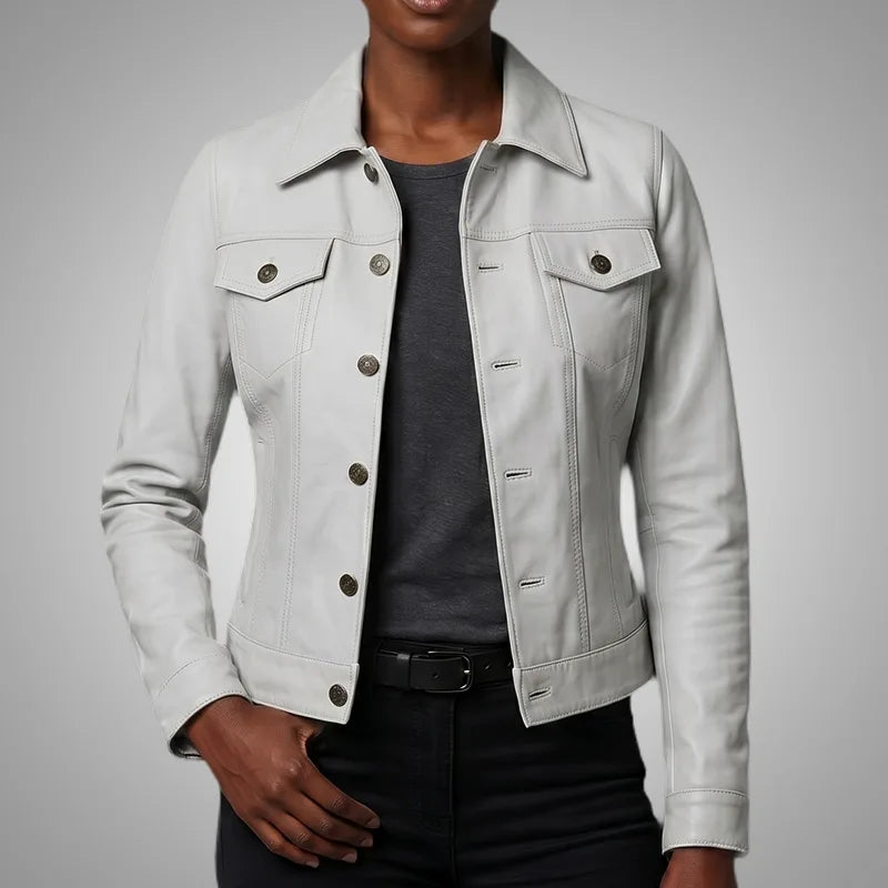 Royal Edge Women White Wax Trucker | 100% Real Lambskin