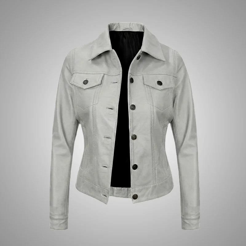 Royal Edge – Women’s White Wax Trucker Leather Jacket