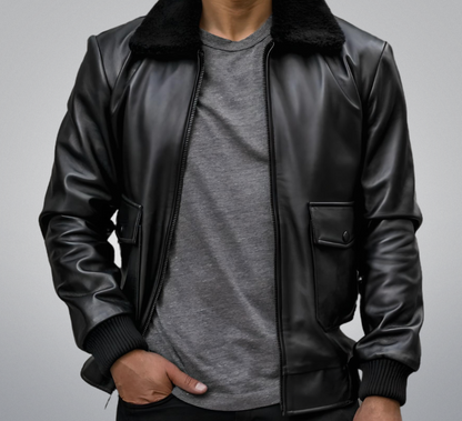 Black Fur Flight Jacket by Cuir Jackets USA