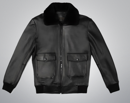 Black Fur Flight Jacket by Cuir Jackets USA