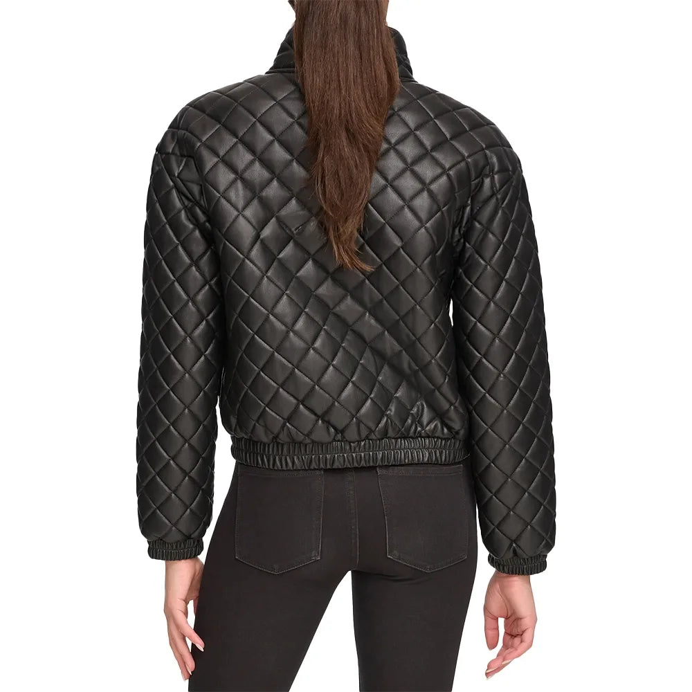 Quilted Bomber Leather Jacket – Stand Collar Luxury Edition - Black