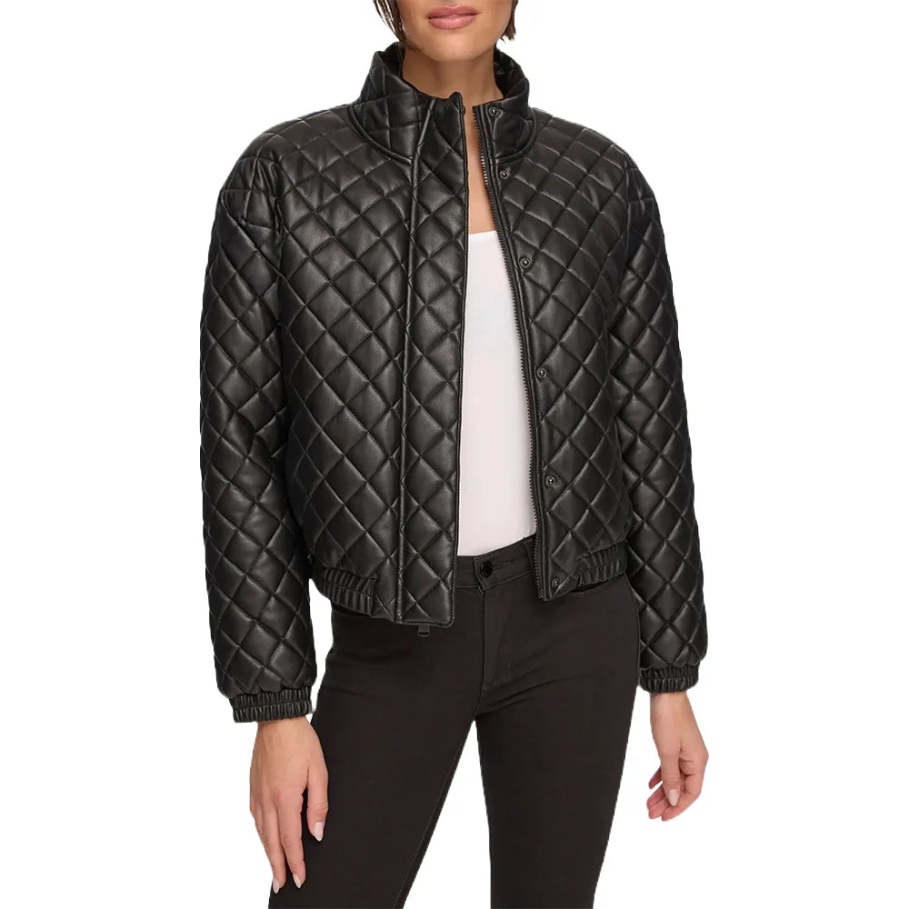 Quilted Bomber Leather Jacket – Stand Collar Luxury Edition - Black
