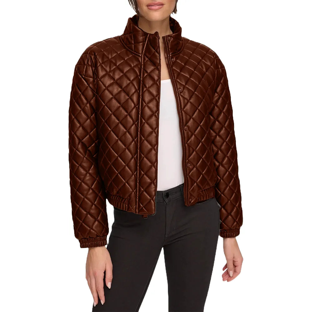 Quilted Bomber Leather Jacket – Stand Collar Luxury Edition - Mahogany Brown