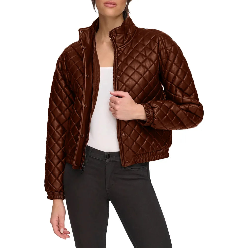 Quilted Bomber Leather Jacket – Stand Collar Luxury Edition - Mahogany Brown