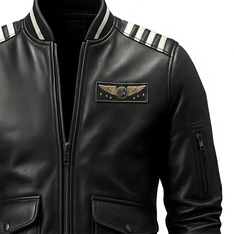 Sky Command Aviator Leather Bomber Jacket – Black Edition