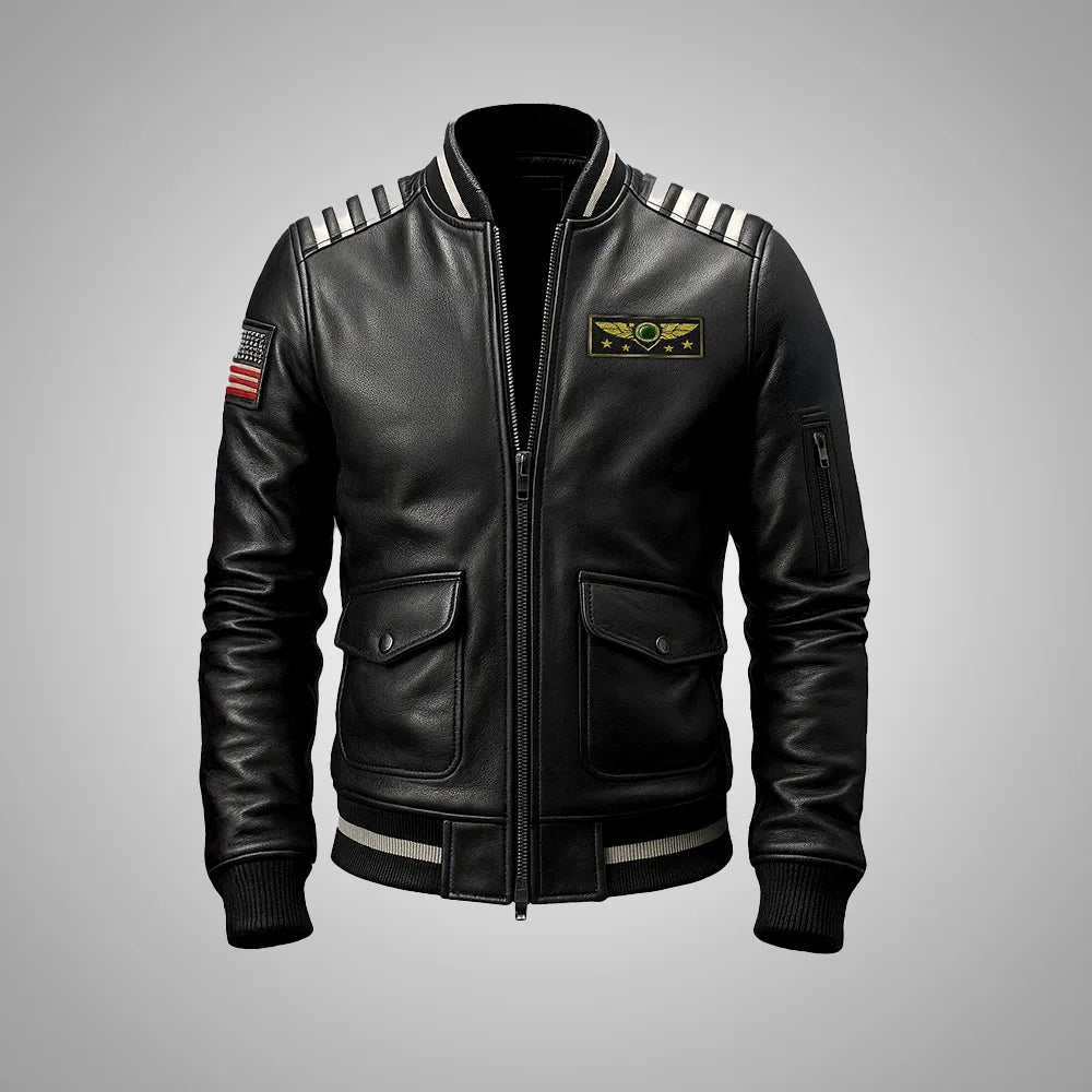 Sky Command Aviator Leather Bomber Jacket – Black Edition