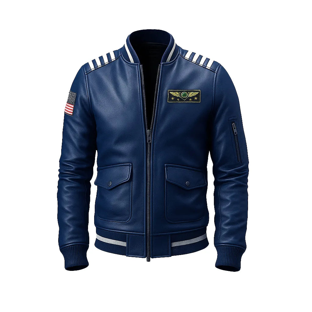 Sky Command Aviator Leather Bomber Jacket – Midnight Navy