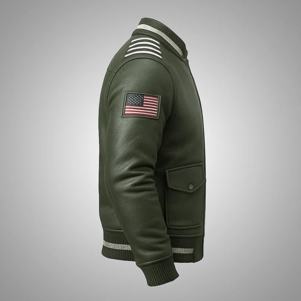 Sky Command Aviator Leather Bomber Jacket - Olive Slate