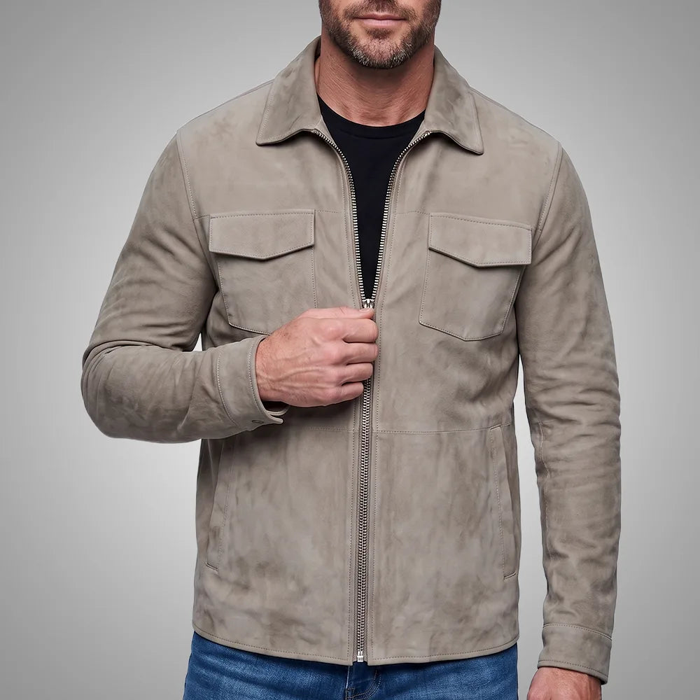 Grey Men's Goatskin Suede Shirt Jacket | Zip-Front All Season