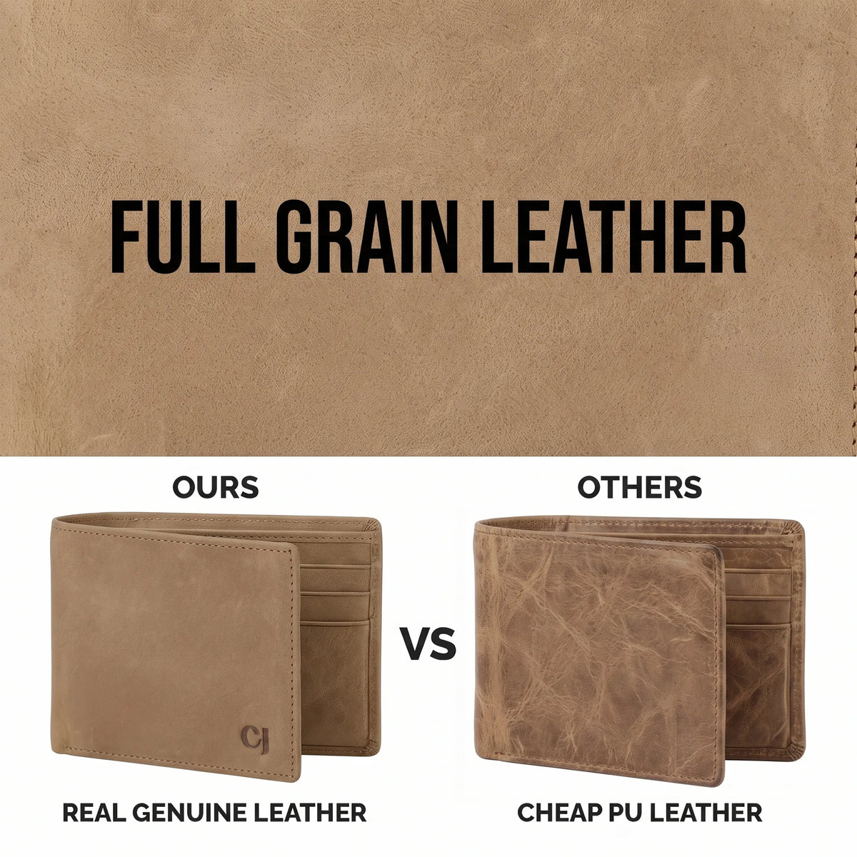 Men's Beige Leather Bifold Wallet RFID Blocking, 9 Card Slots, 2 ID Windows