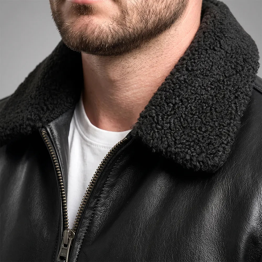 Lambskin Leather Fur Collar Aviator Jacket - Black | CuirJackets
