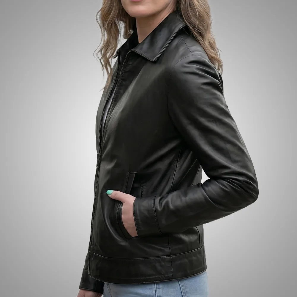 Women's Black Lambskin Leather Jacket - Long Point Collar