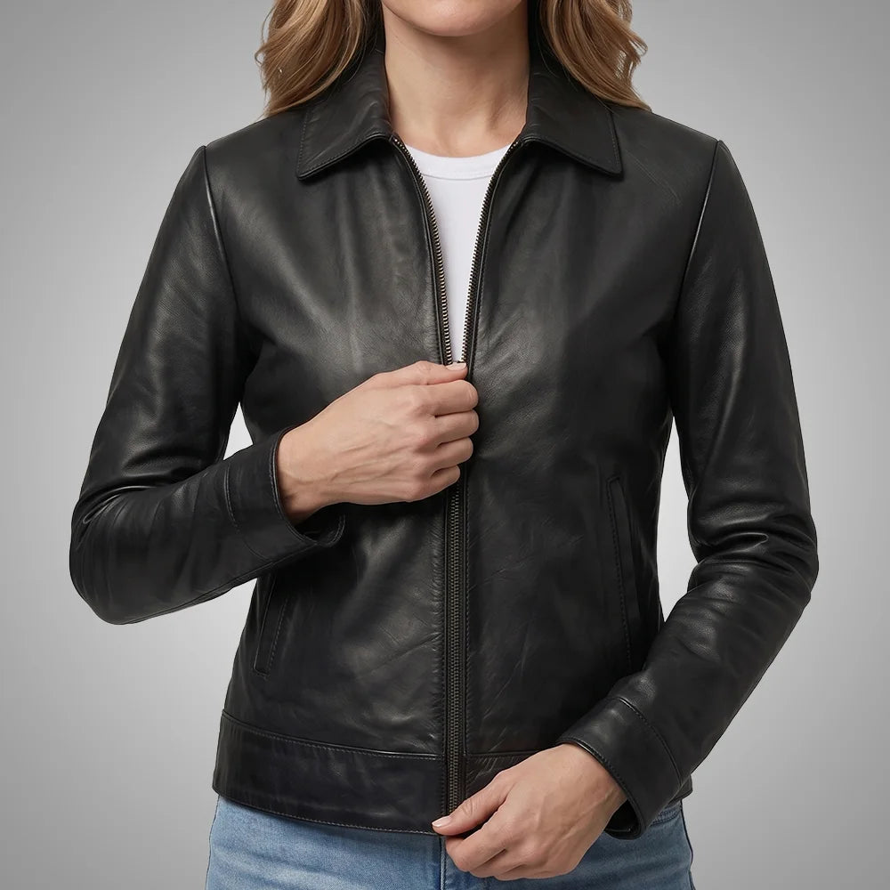 Women's Black Lambskin Leather Jacket - Long Point Collar