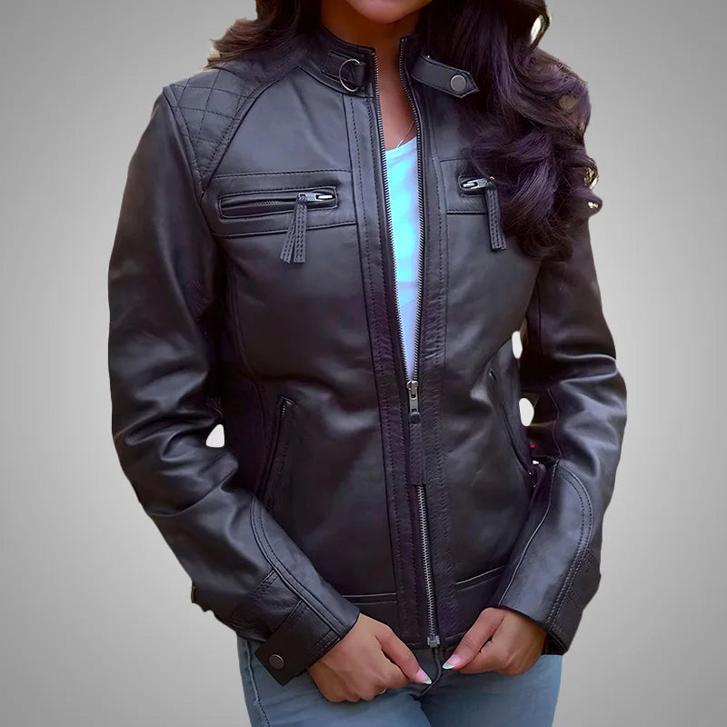 Mocha Luxe Women’s Racer Leather Jacket - Black
