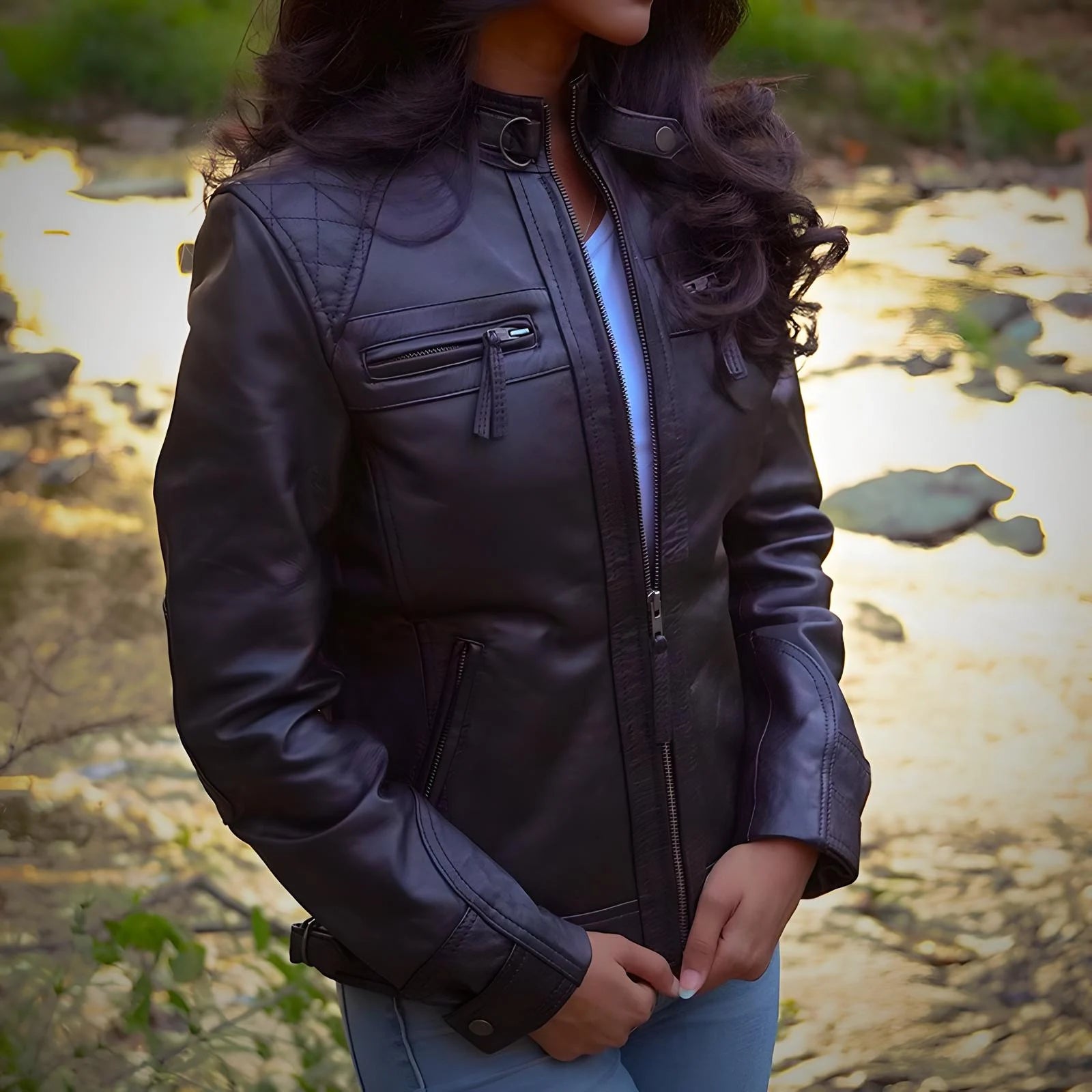 Mocha Luxe Women’s Racer Leather Jacket - Black