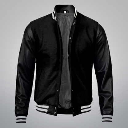 Black Varsity Jacket With Leather Sleeves by Cuir Jackets USA