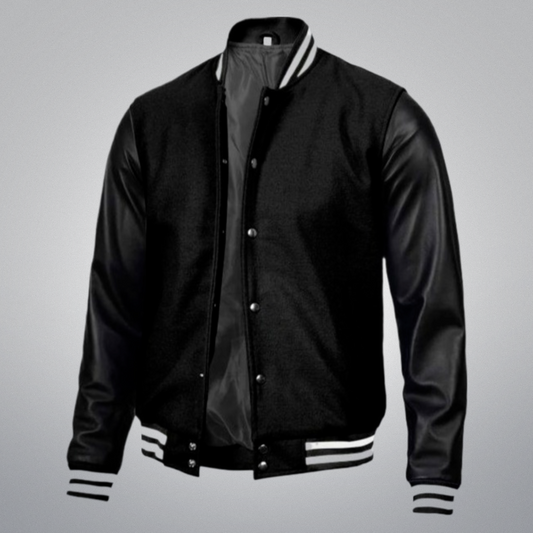 Black Varsity Jacket With Leather Sleeves by Cuir Jackets USA