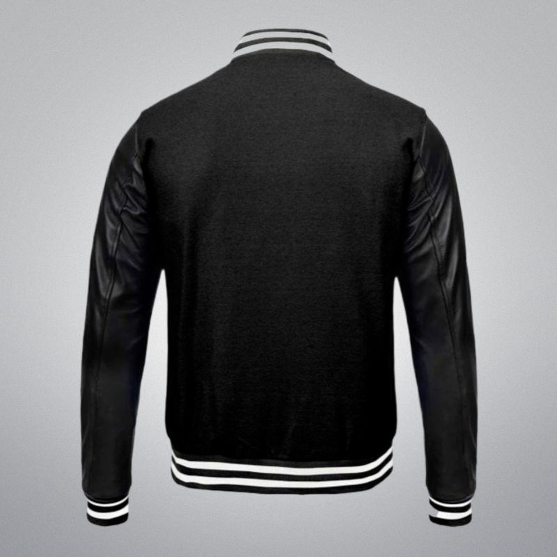 Black Varsity Jacket With Leather Sleeves by Cuir Jackets USA
