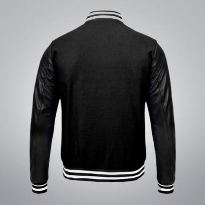Black Varsity Jacket With Leather Sleeves by Cuir Jackets USA