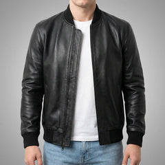 Genuine Lambskin Leather Bomber Jacket | Black
