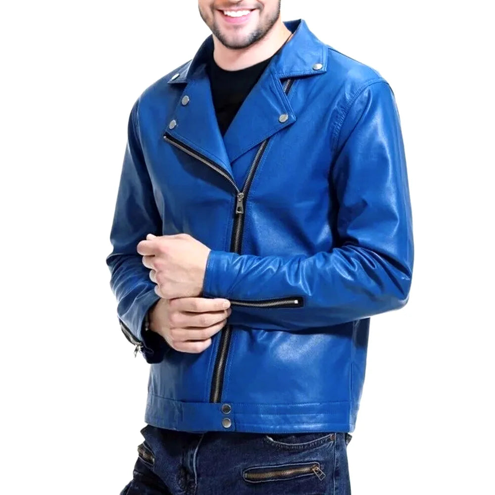 Men’s Blue Leather Biker Jacket