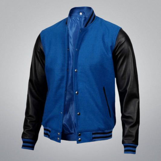 Blue Varsity Jacket With Leather Sleeves by Cuir Jackets USA