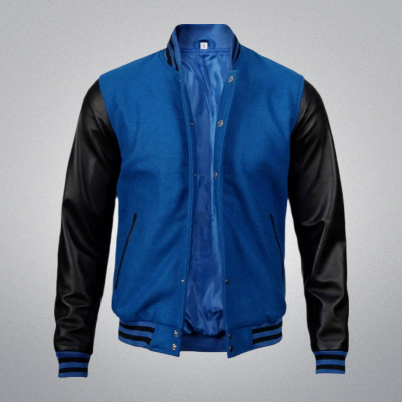 Blue Varsity Jacket With Leather Sleeves by Cuir Jackets USA
